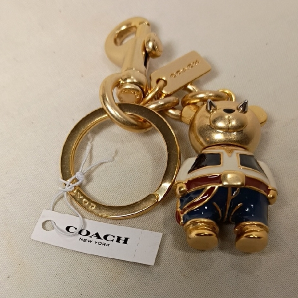 Coach Gold-Tone Bear Keychain Charm with Navy, Red & White Enamel